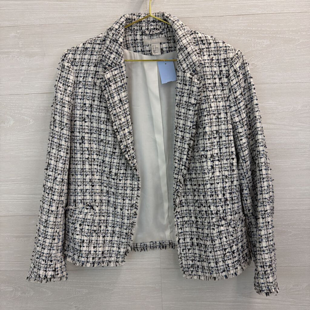 H&M Black/ White Tweed Cropped Open Front Jacket 12