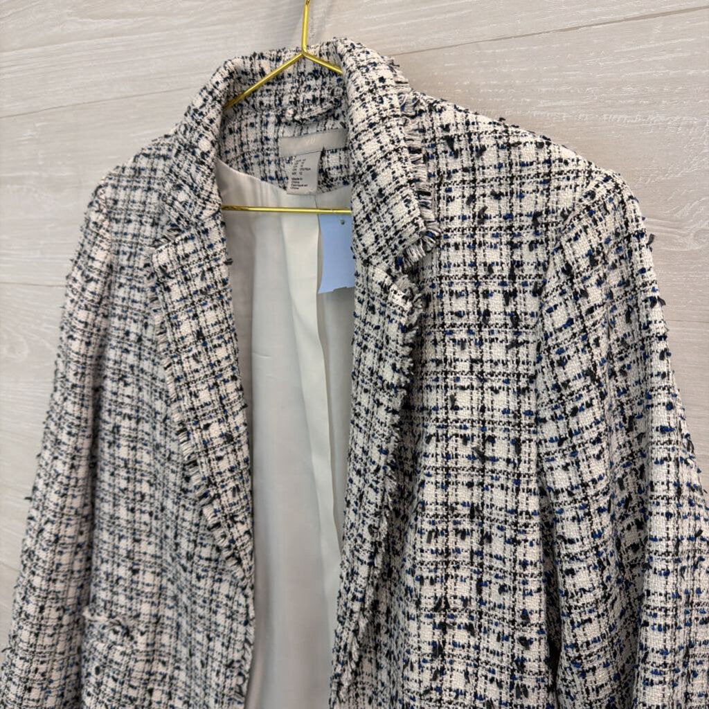 H&M Black/ White Tweed Cropped Open Front Jacket 12