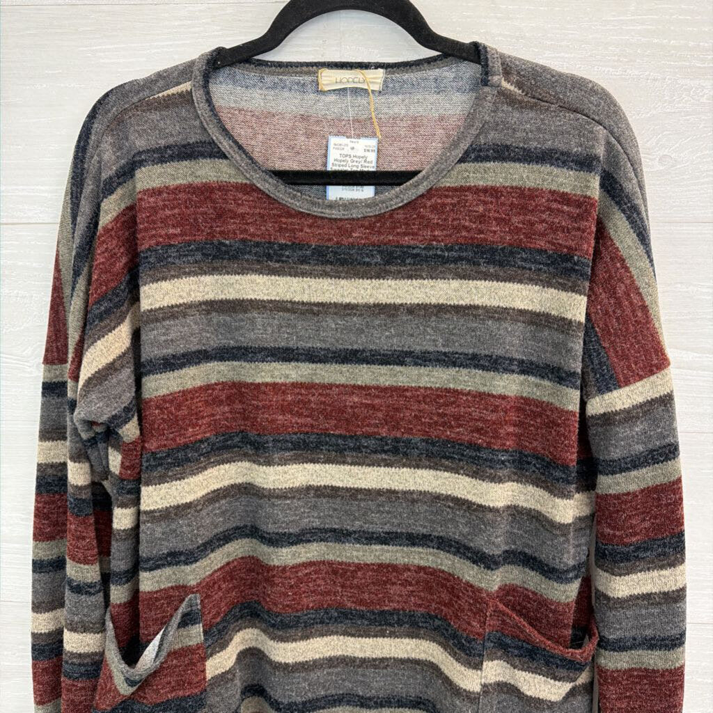 Hopely Grey/ Red Striped Long Sleeve Sweater Top Medium