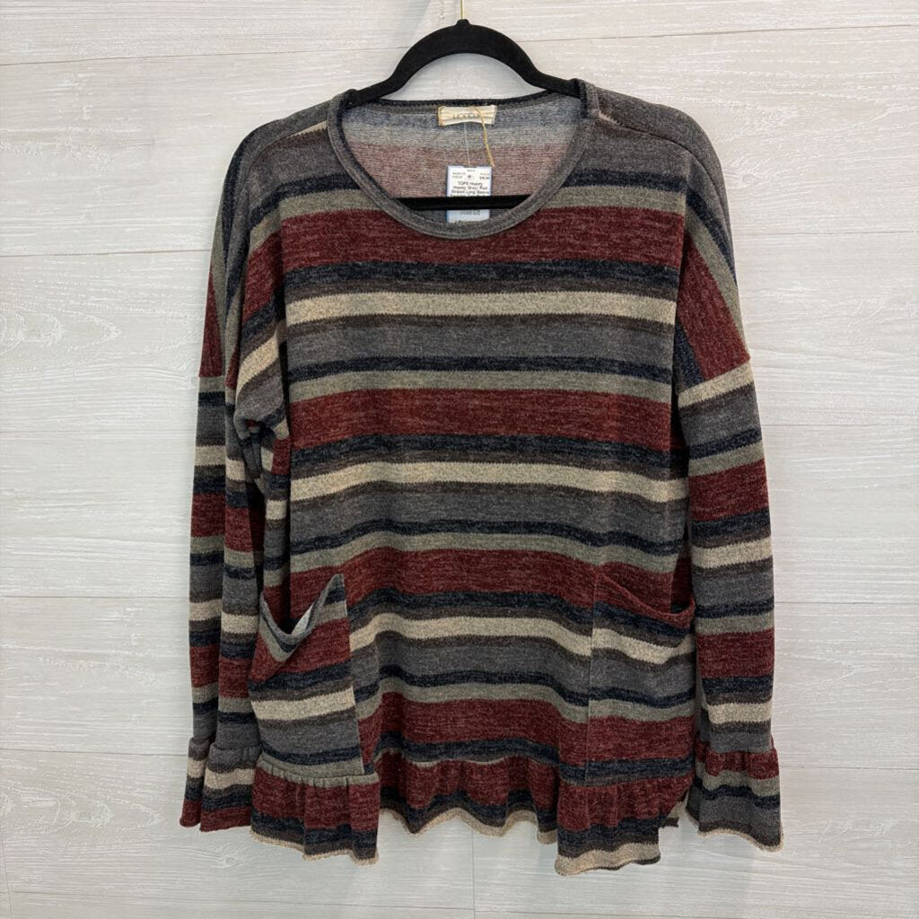 Hopely Grey/ Red Striped Long Sleeve Sweater Top Medium