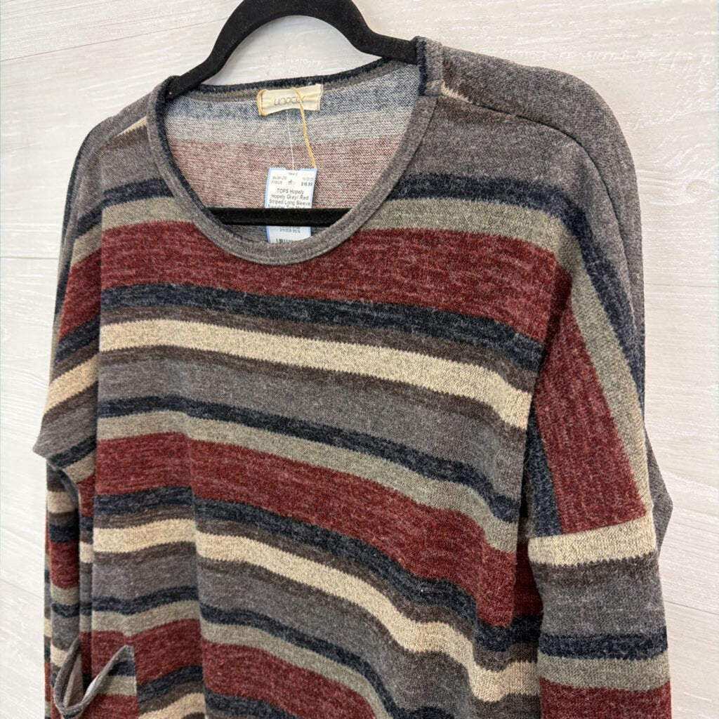 Hopely Grey/ Red Striped Long Sleeve Sweater Top Medium