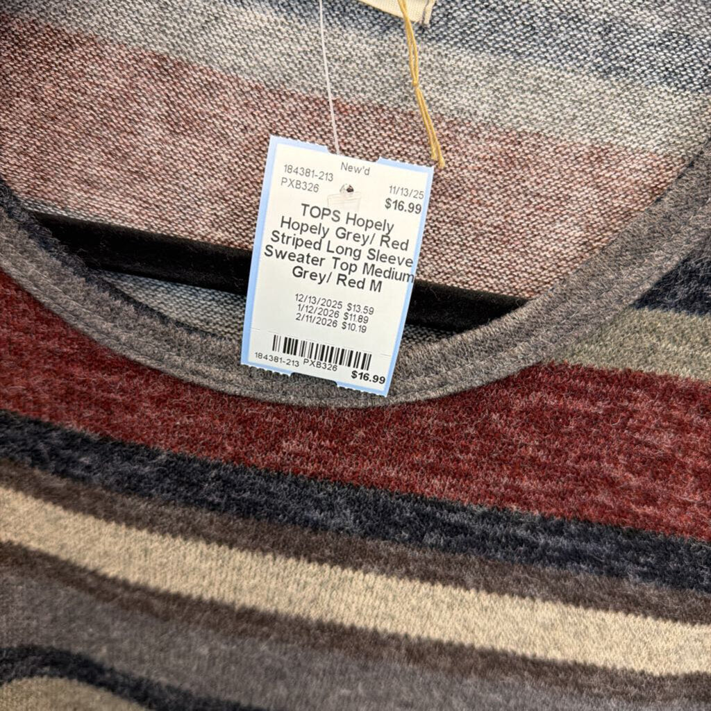 Hopely Grey/ Red Striped Long Sleeve Sweater Top Medium