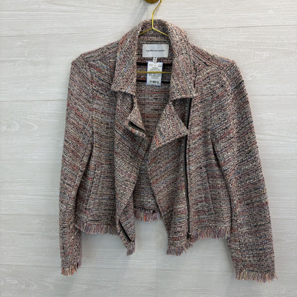 Cupcakes and Cashmere White/ Multi Tweed Moto Jacket Small