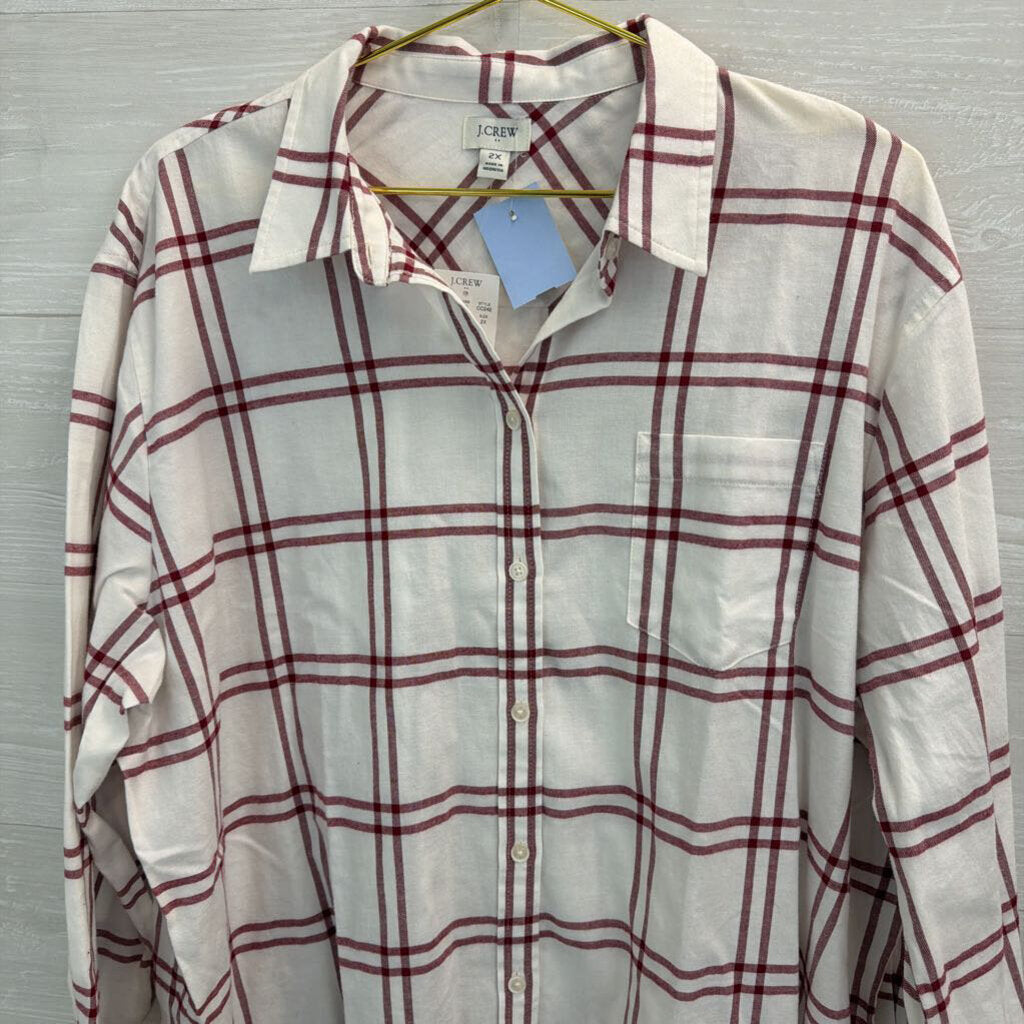 J Crew White/ Burgundy Plaid Long Sleeve Button Down Top 2X