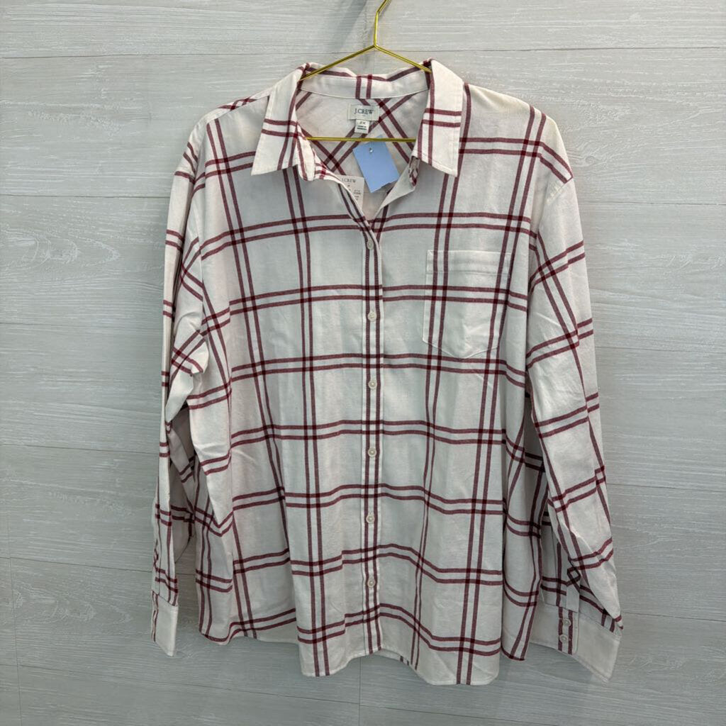 J Crew White/ Burgundy Plaid Long Sleeve Button Down Top 2X