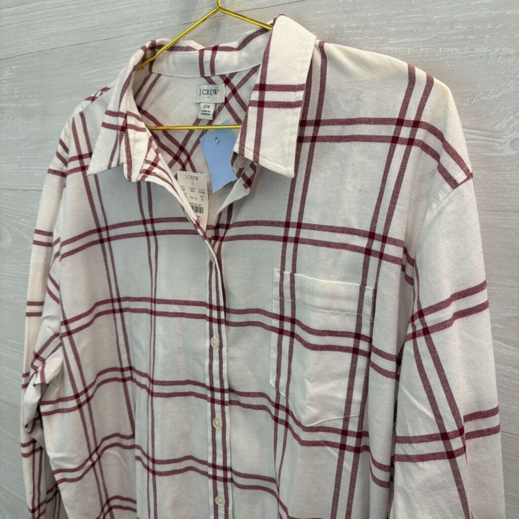 J Crew White/ Burgundy Plaid Long Sleeve Button Down Top 2X