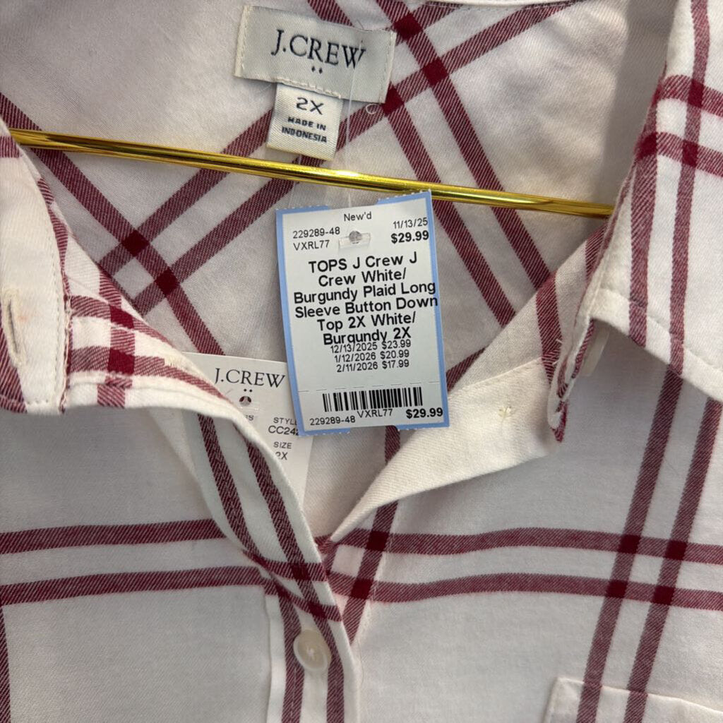 J Crew White/ Burgundy Plaid Long Sleeve Button Down Top 2X