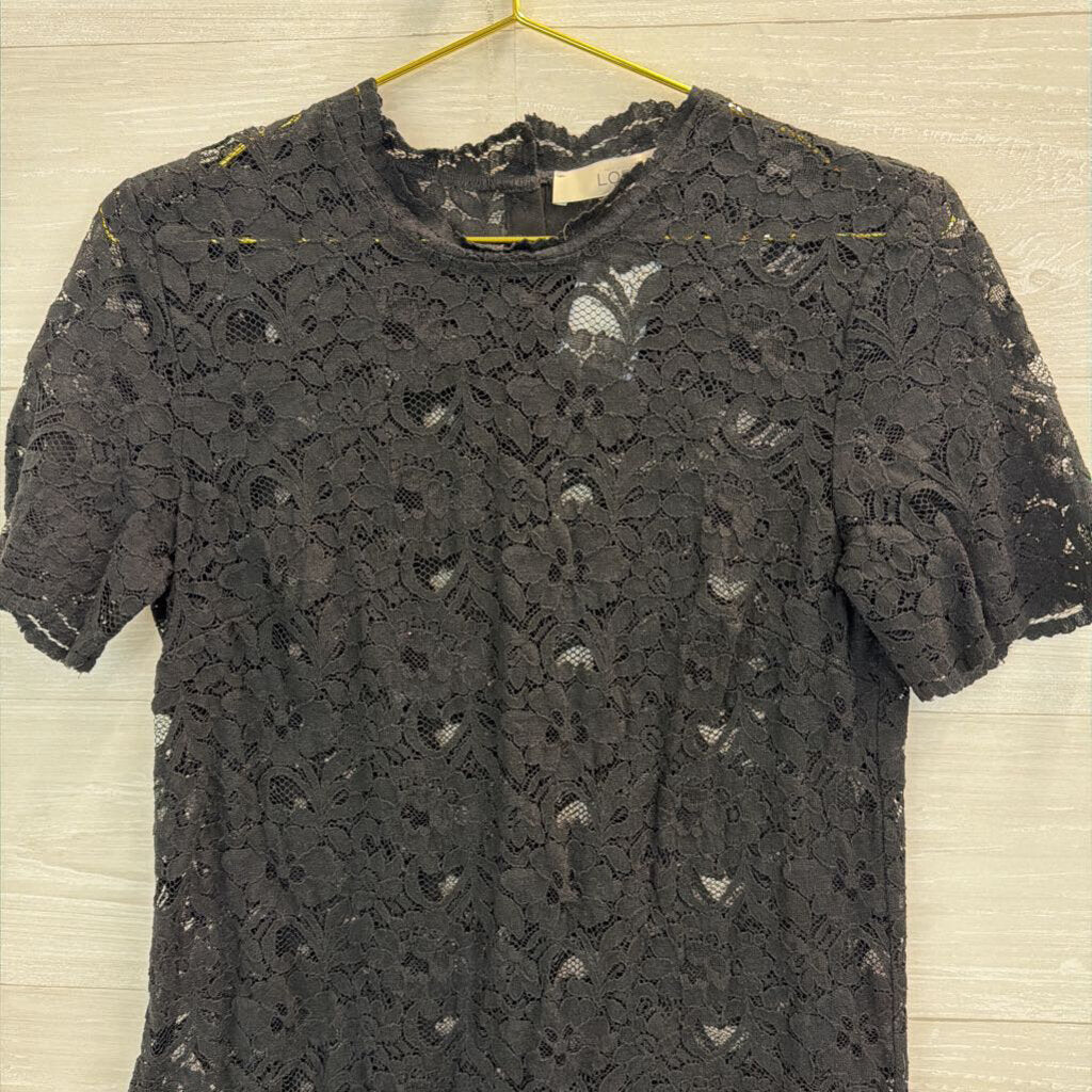 Loft Black Sheer Lace Short Sleeve Top Small