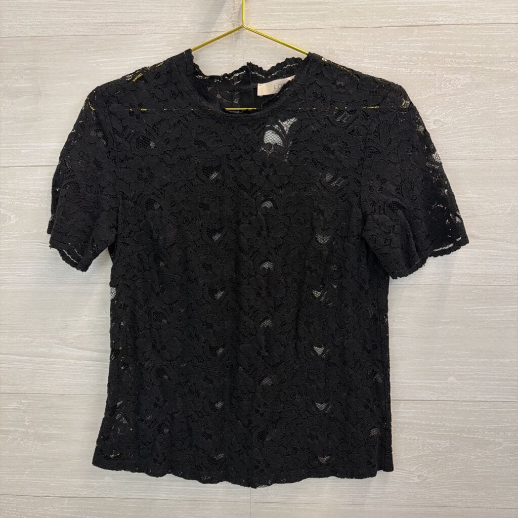 Loft Black Sheer Lace Short Sleeve Top Small