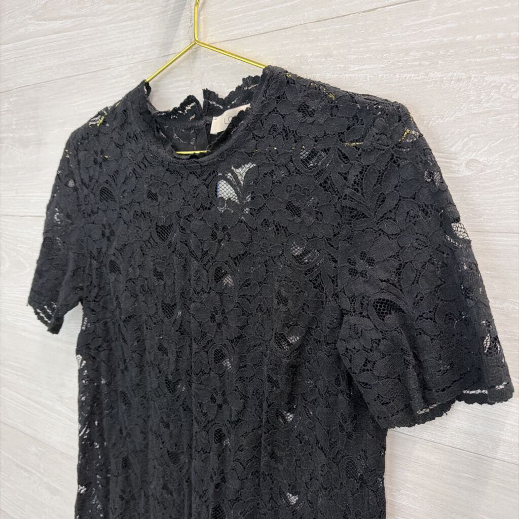 Loft Black Sheer Lace Short Sleeve Top Small