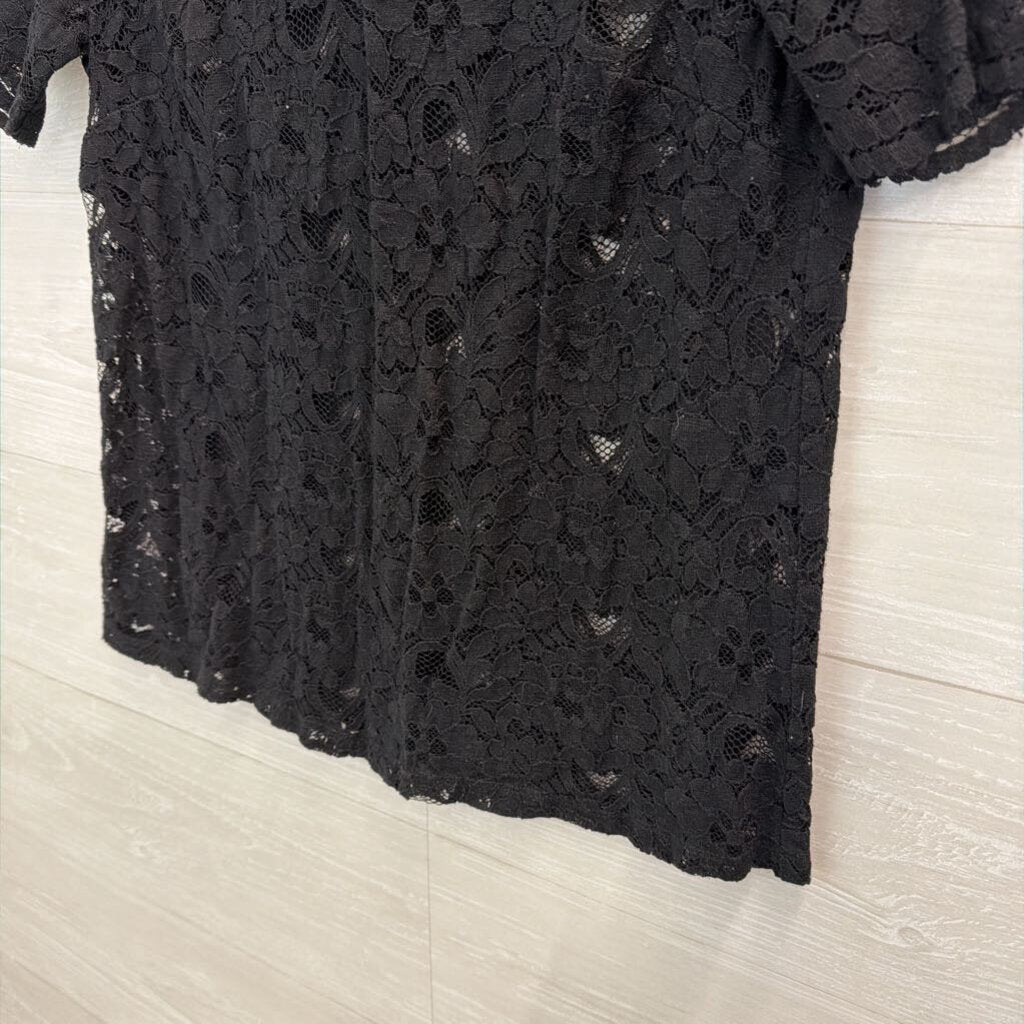 Loft Black Sheer Lace Short Sleeve Top Small
