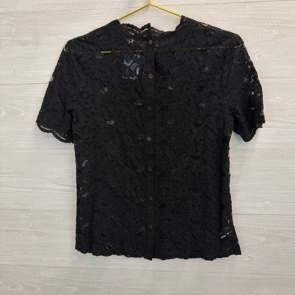 Loft Black Sheer Lace Short Sleeve Top Small