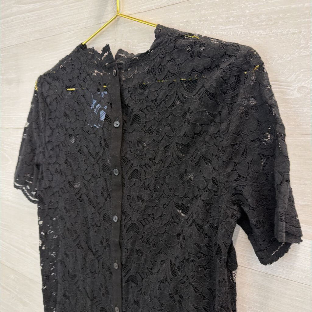Loft Black Sheer Lace Short Sleeve Top Small