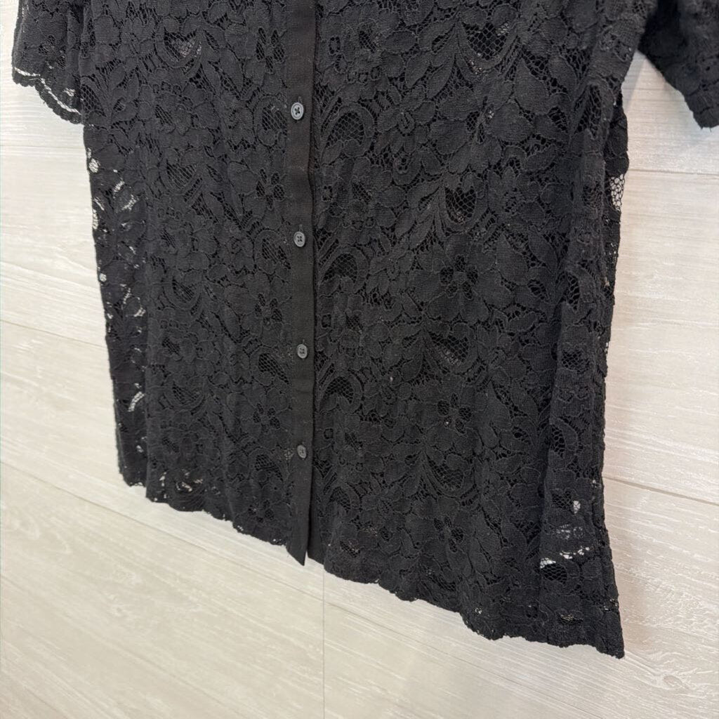 Loft Black Sheer Lace Short Sleeve Top Small