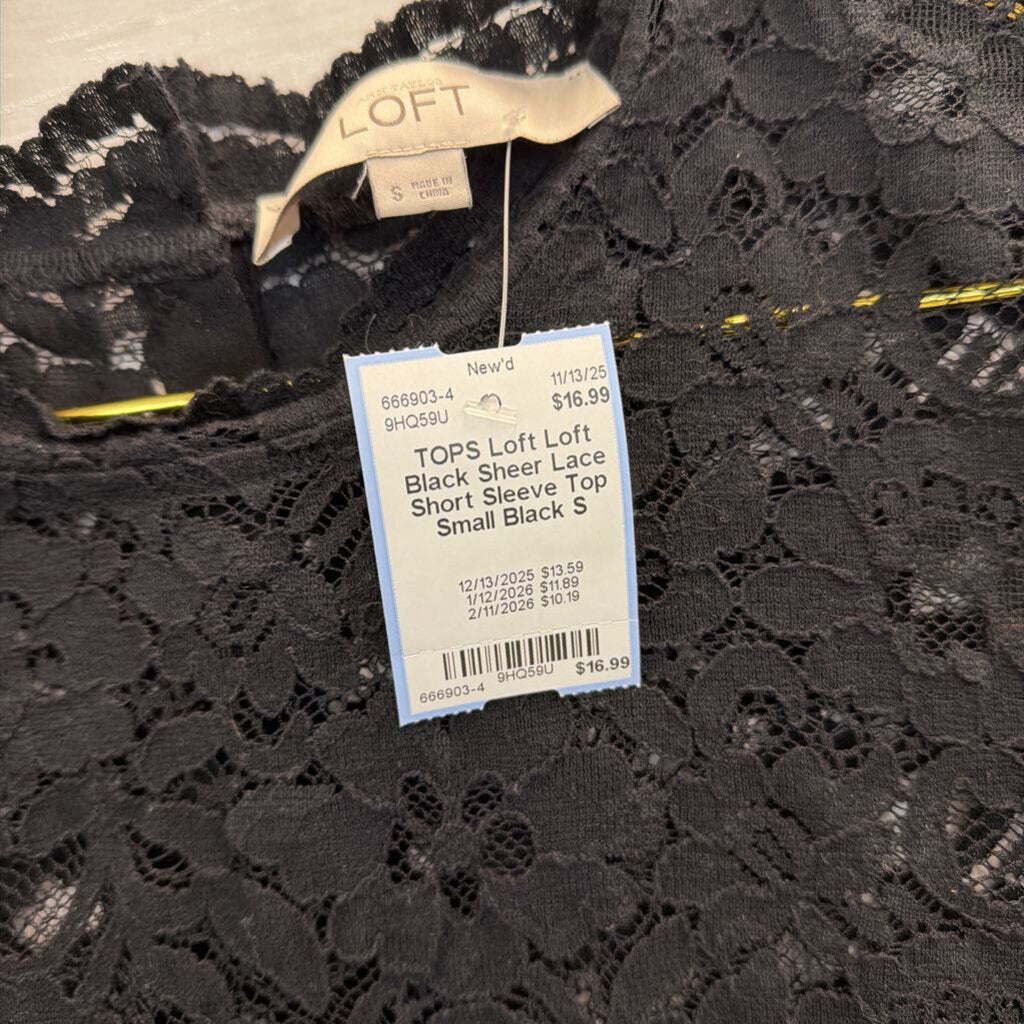 Loft Black Sheer Lace Short Sleeve Top Small