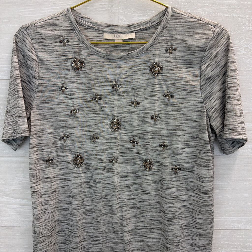 Loft Grey Embellished Short Sleeve Top Small