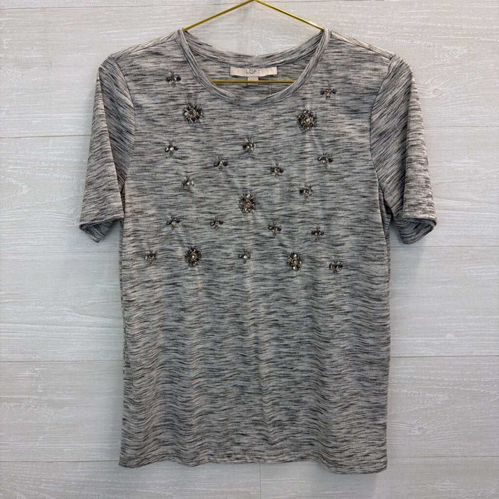 Loft Grey Embellished Short Sleeve Top Small