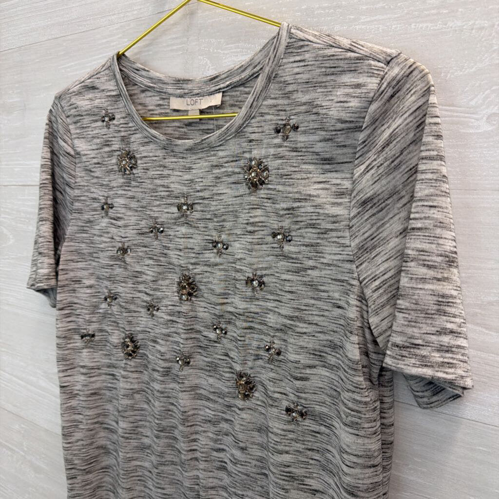 Loft Grey Embellished Short Sleeve Top Small