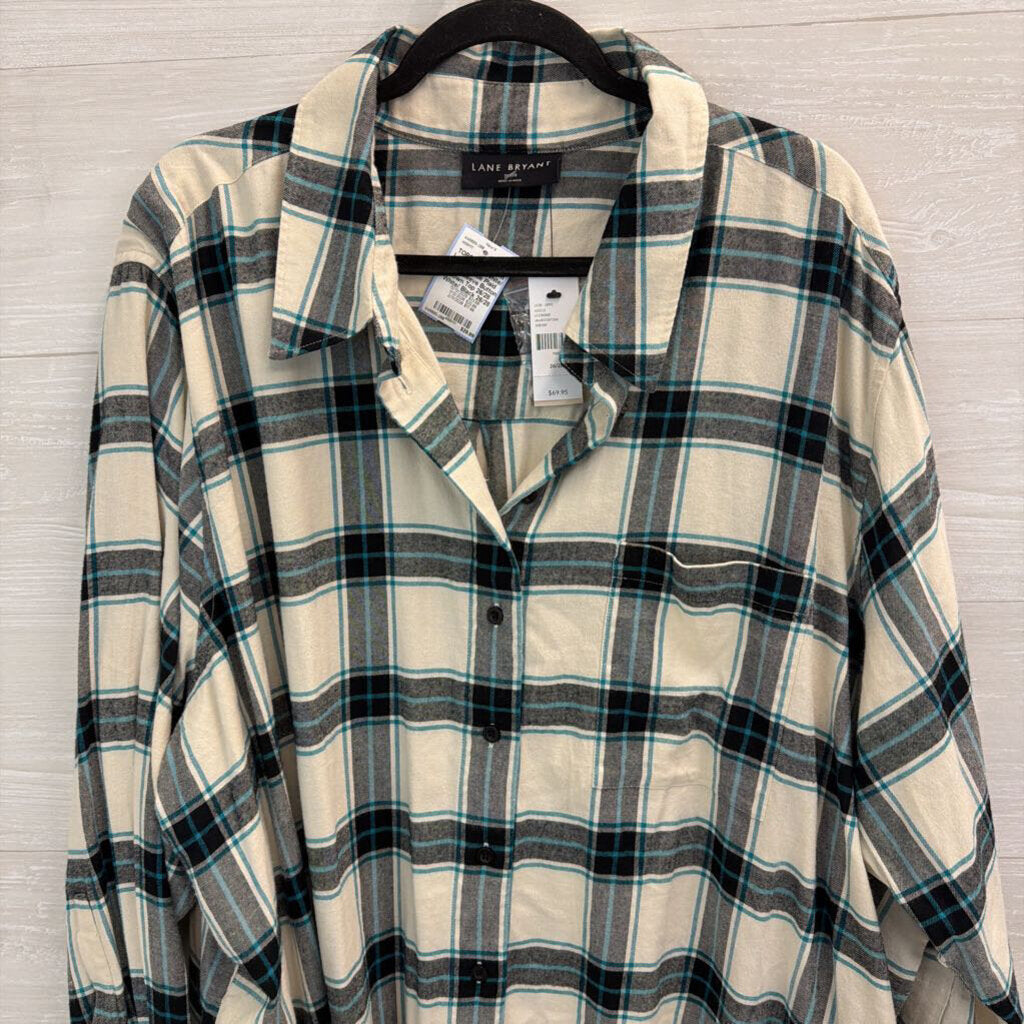 Lane Bryant White/ Black/ Blue Plaid Long Sleeve Button Down Top 26/28