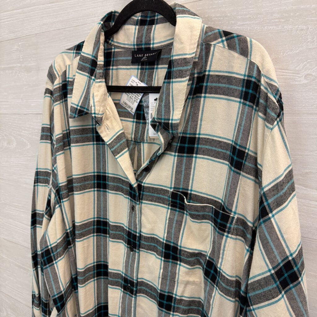 Lane Bryant White/ Black/ Blue Plaid Long Sleeve Button Down Top 26/28
