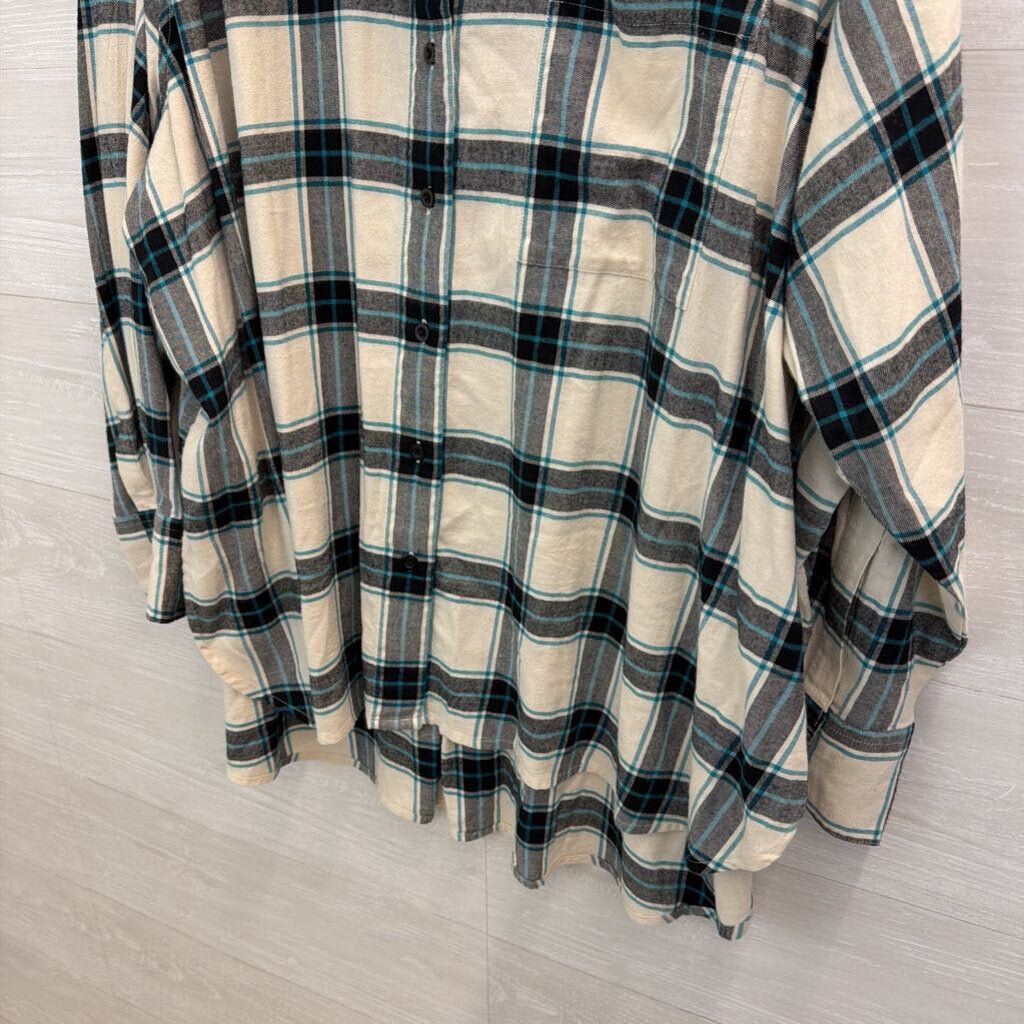 Lane Bryant White/ Black/ Blue Plaid Long Sleeve Button Down Top 26/28