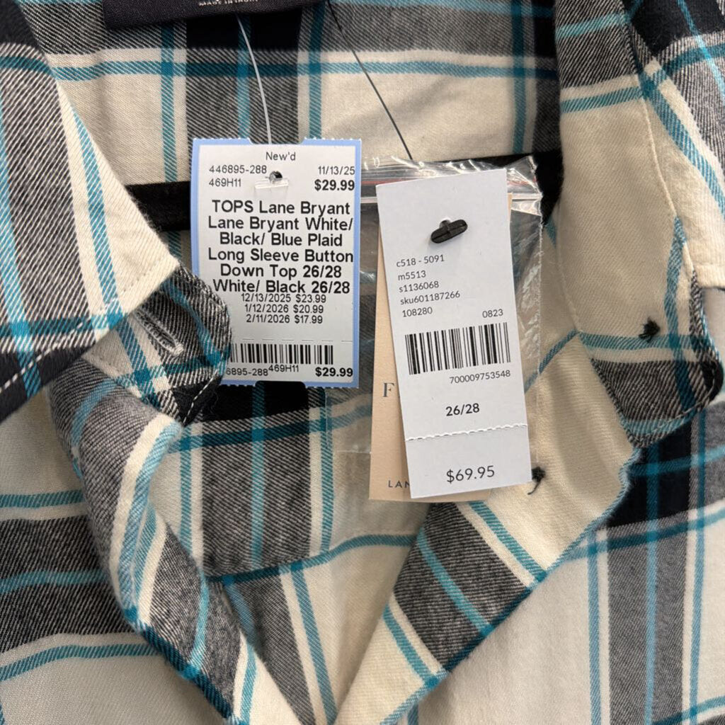Lane Bryant White/ Black/ Blue Plaid Long Sleeve Button Down Top 26/28