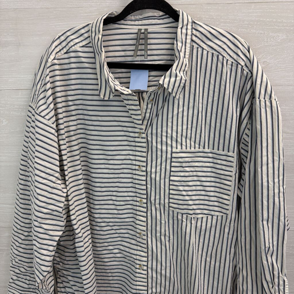 Anthropologie White/ Grey Striped Long Sleeve Button Down Top XXL