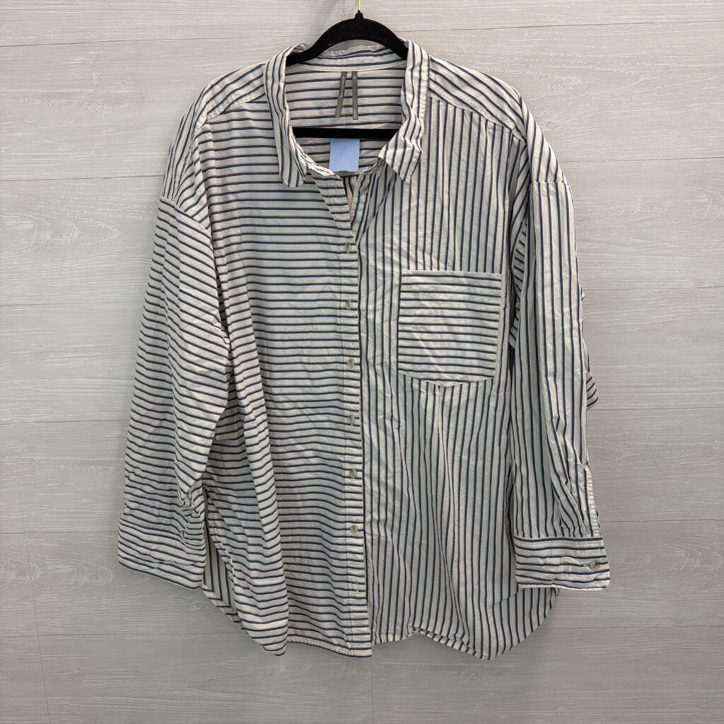 Anthropologie White/ Grey Striped Long Sleeve Button Down Top XXL