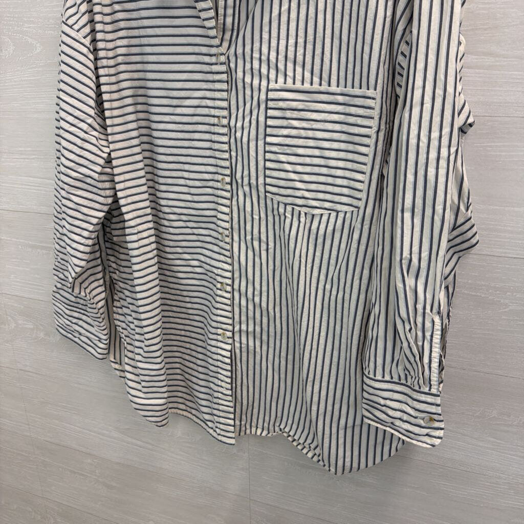 Anthropologie White/ Grey Striped Long Sleeve Button Down Top XXL