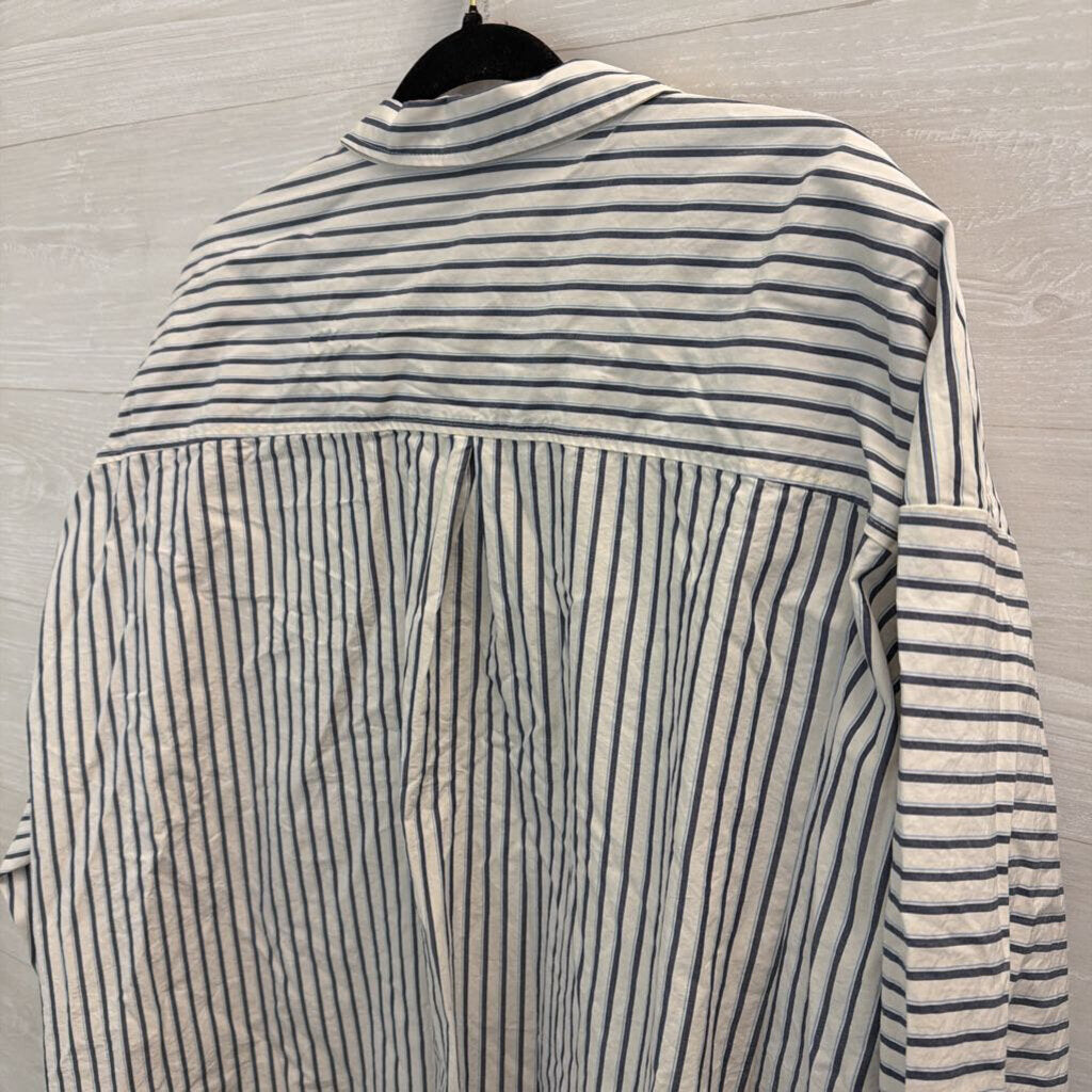 Anthropologie White/ Grey Striped Long Sleeve Button Down Top XXL