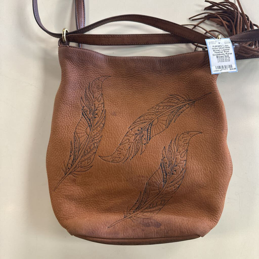 Hobo Inked Hide Brown Leather Feather Print Crossbody Purse