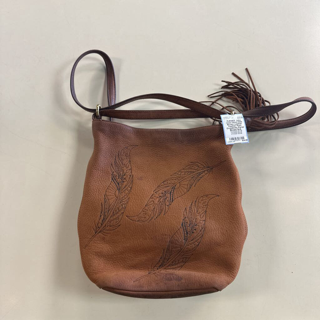 Hobo Inked Hide Brown Leather Feather Print Crossbody Purse