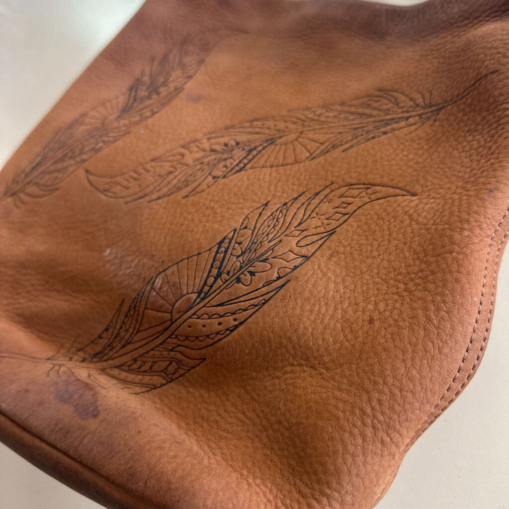Hobo Inked Hide Brown Leather Feather Print Crossbody Purse