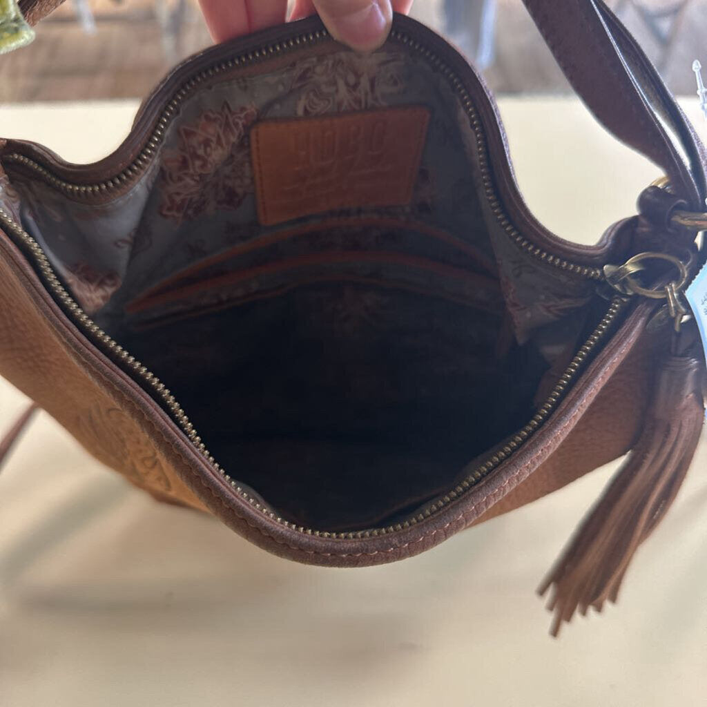 Hobo Inked Hide Brown Leather Feather Print Crossbody Purse