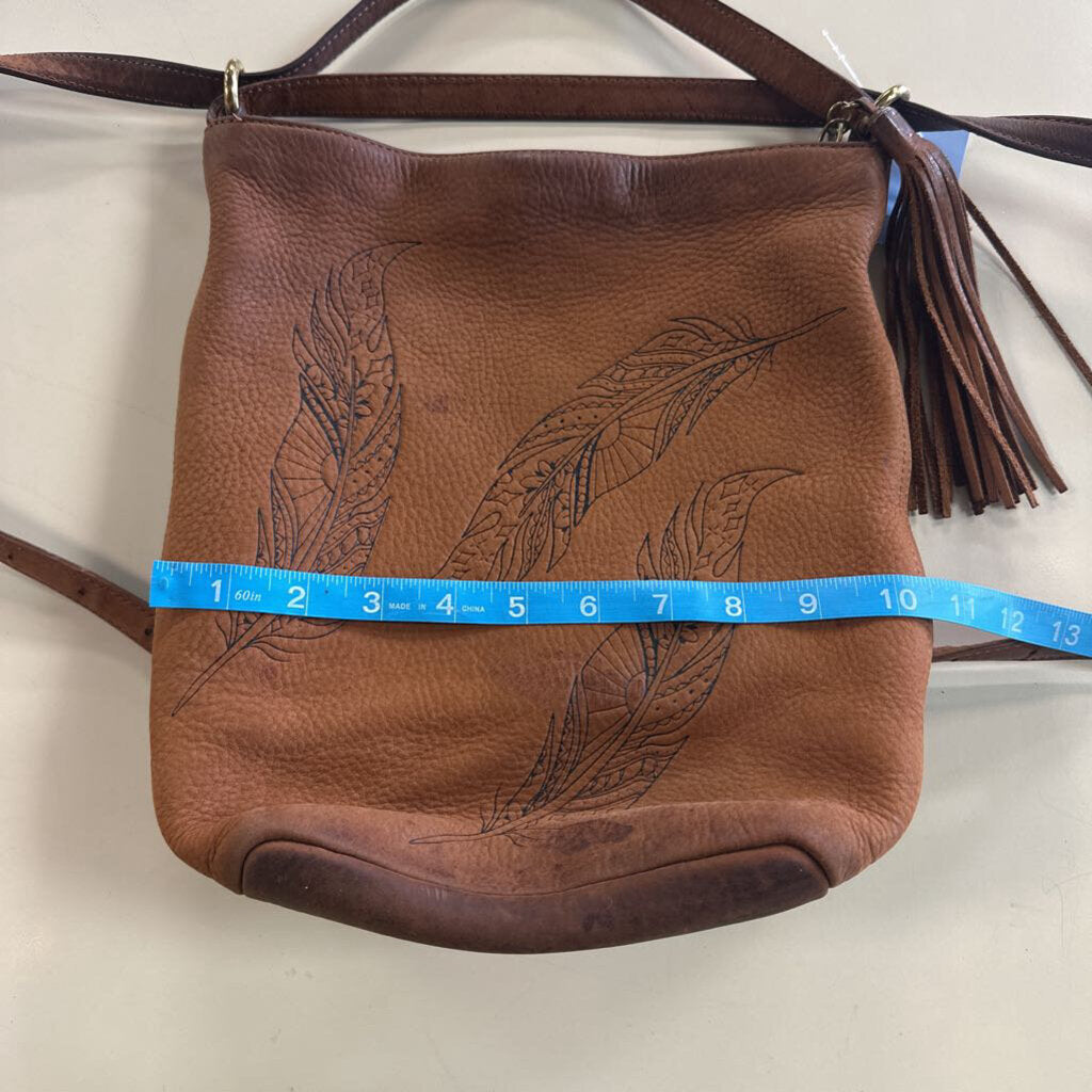 Hobo Inked Hide Brown Leather Feather Print Crossbody Purse