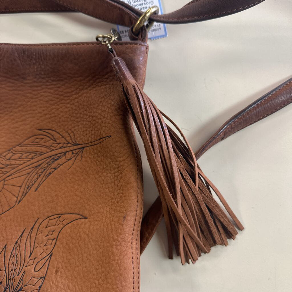 Hobo Inked Hide Brown Leather Feather Print Crossbody Purse