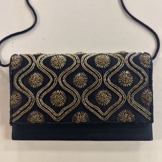 Courtenay Black Satin Gold Beaded Detail Purse