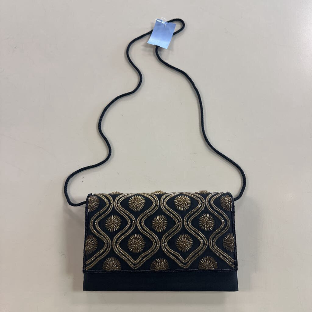 Courtenay Black Satin Gold Beaded Detail Purse