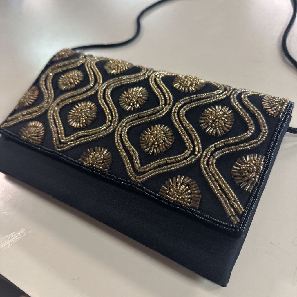 Courtenay Black Satin Gold Beaded Detail Purse