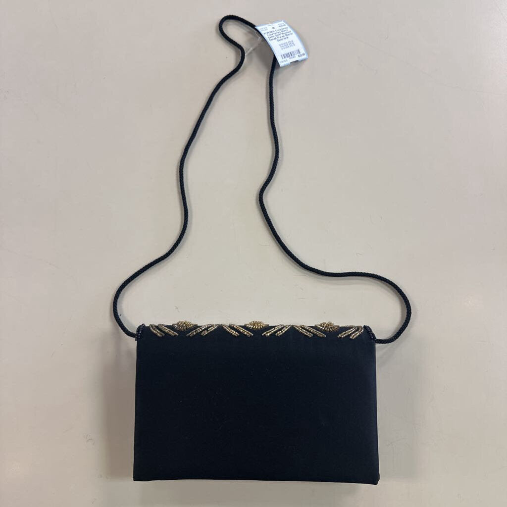 Courtenay Black Satin Gold Beaded Detail Purse