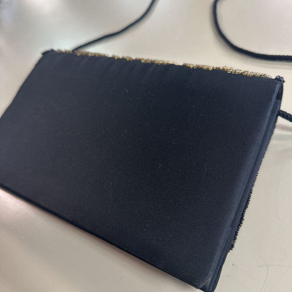 Courtenay Black Satin Gold Beaded Detail Purse