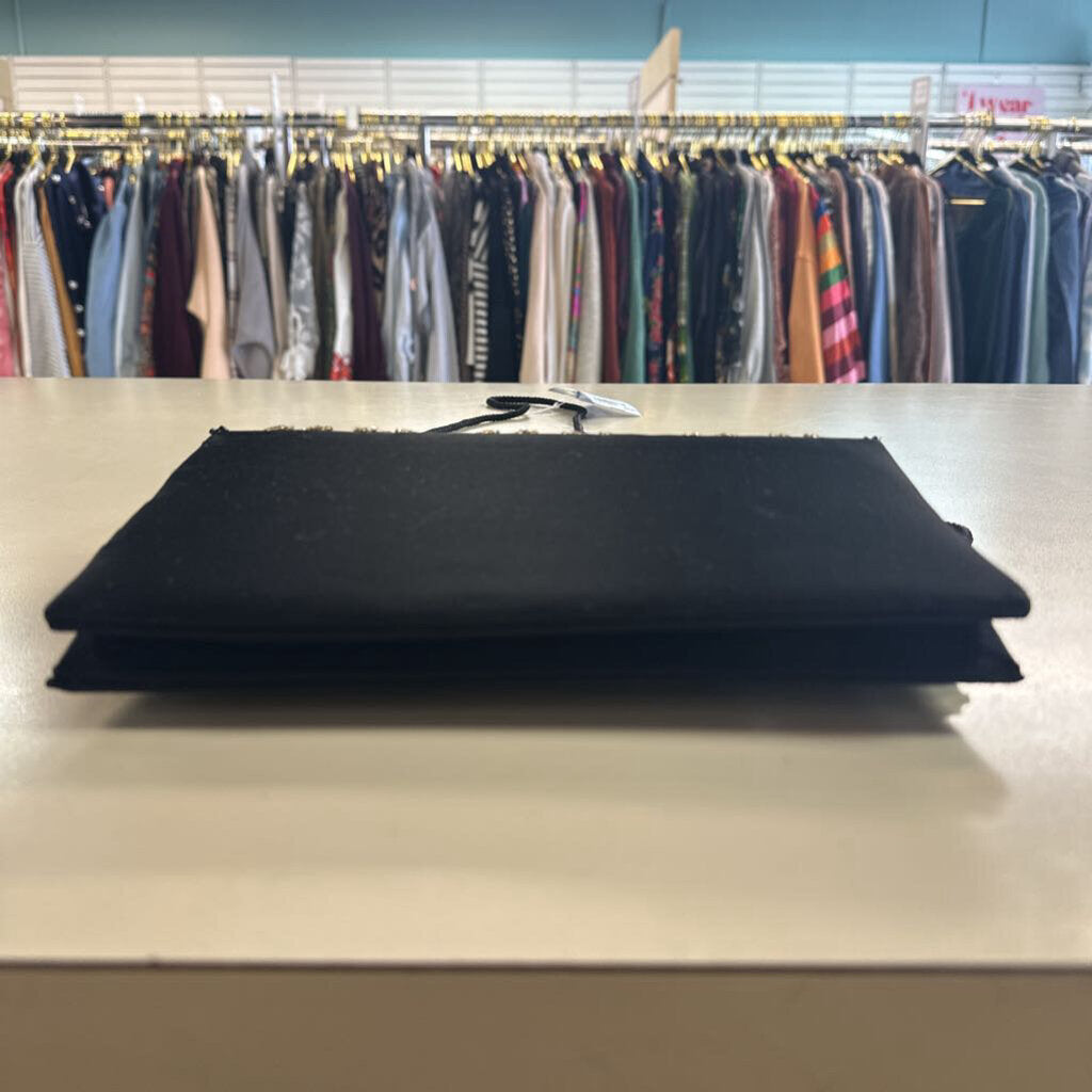 Courtenay Black Satin Gold Beaded Detail Purse