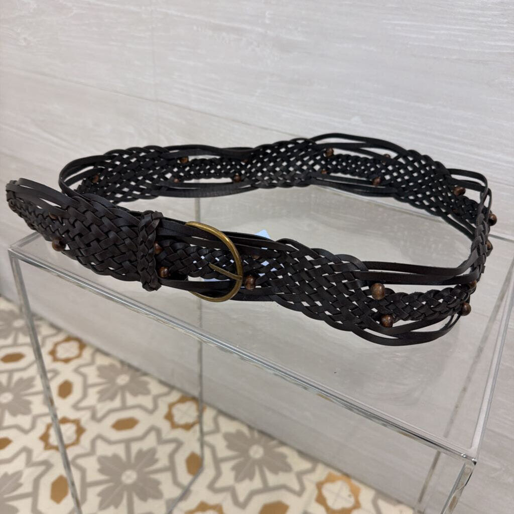 Brown Woven Leather Wooden Bead Detail Belt Medium