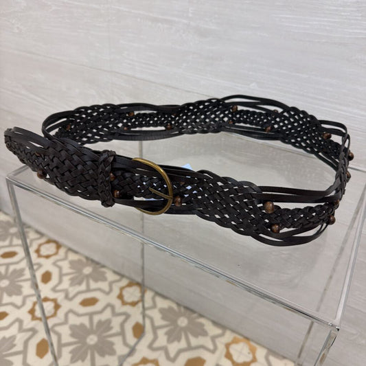 Brown Woven Leather Wooden Bead Detail Belt Medium