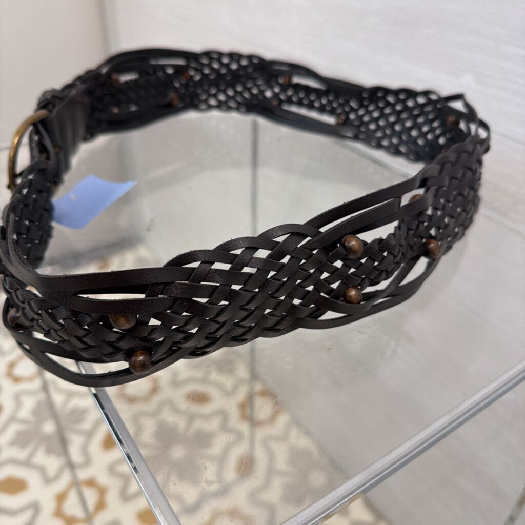 Brown Woven Leather Wooden Bead Detail Belt Medium