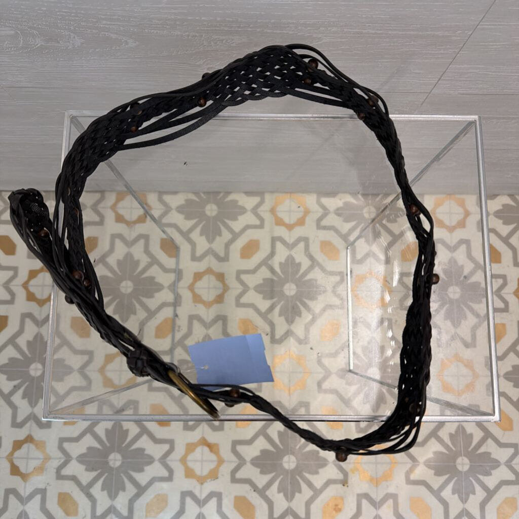 Brown Woven Leather Wooden Bead Detail Belt Medium