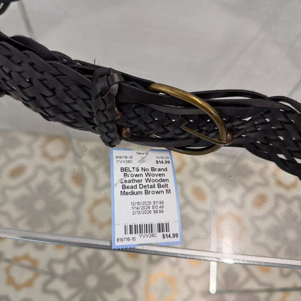 Brown Woven Leather Wooden Bead Detail Belt Medium