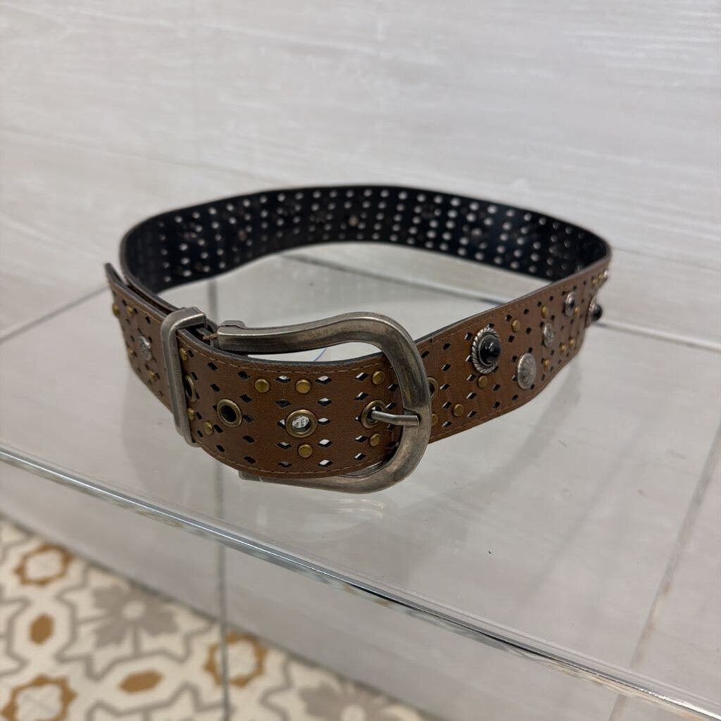 Brown Laser Cut Leather Studded Belt Medium