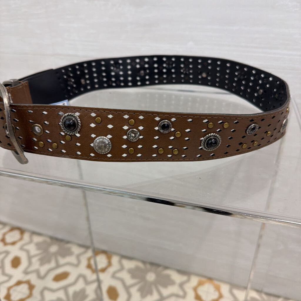 Brown Laser Cut Leather Studded Belt Medium