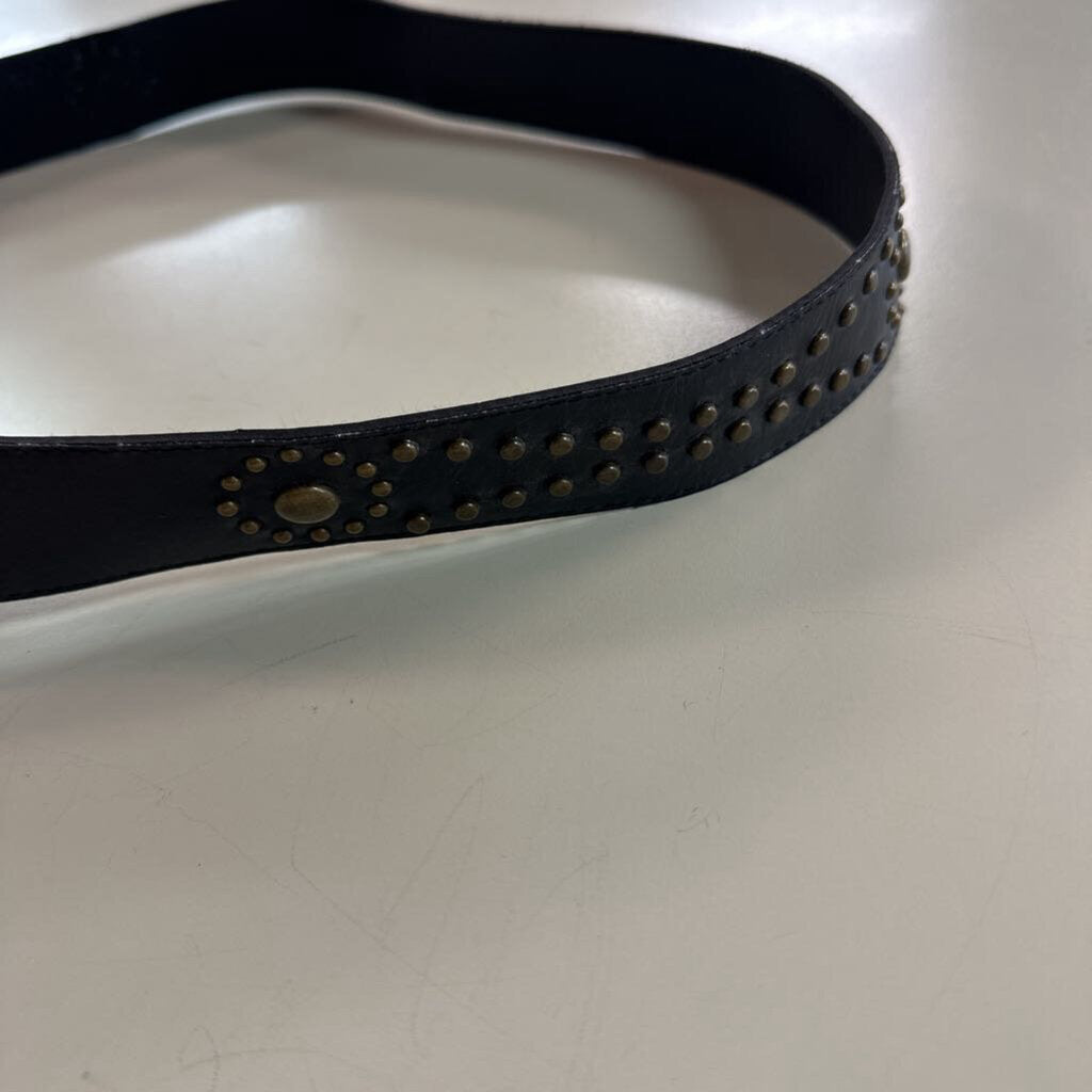 Black Leather Bronze Studded Medallion Buckle Belt Medium